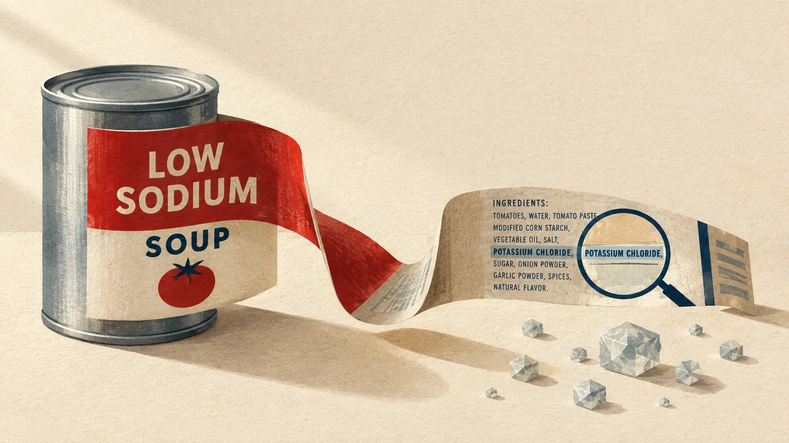 Low-sodium soup can with an uncurling label magnified to highlight potassium chloride listed in the ingredients.