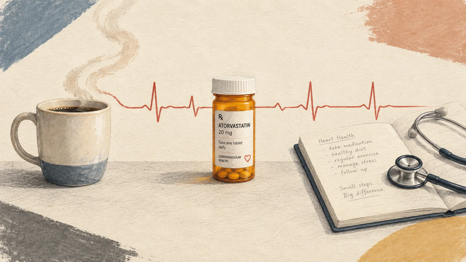 Illustration of a coffee mug, prescription bottle of Atorvastatin, heartbeat line, notebook, and stethoscope on a table.