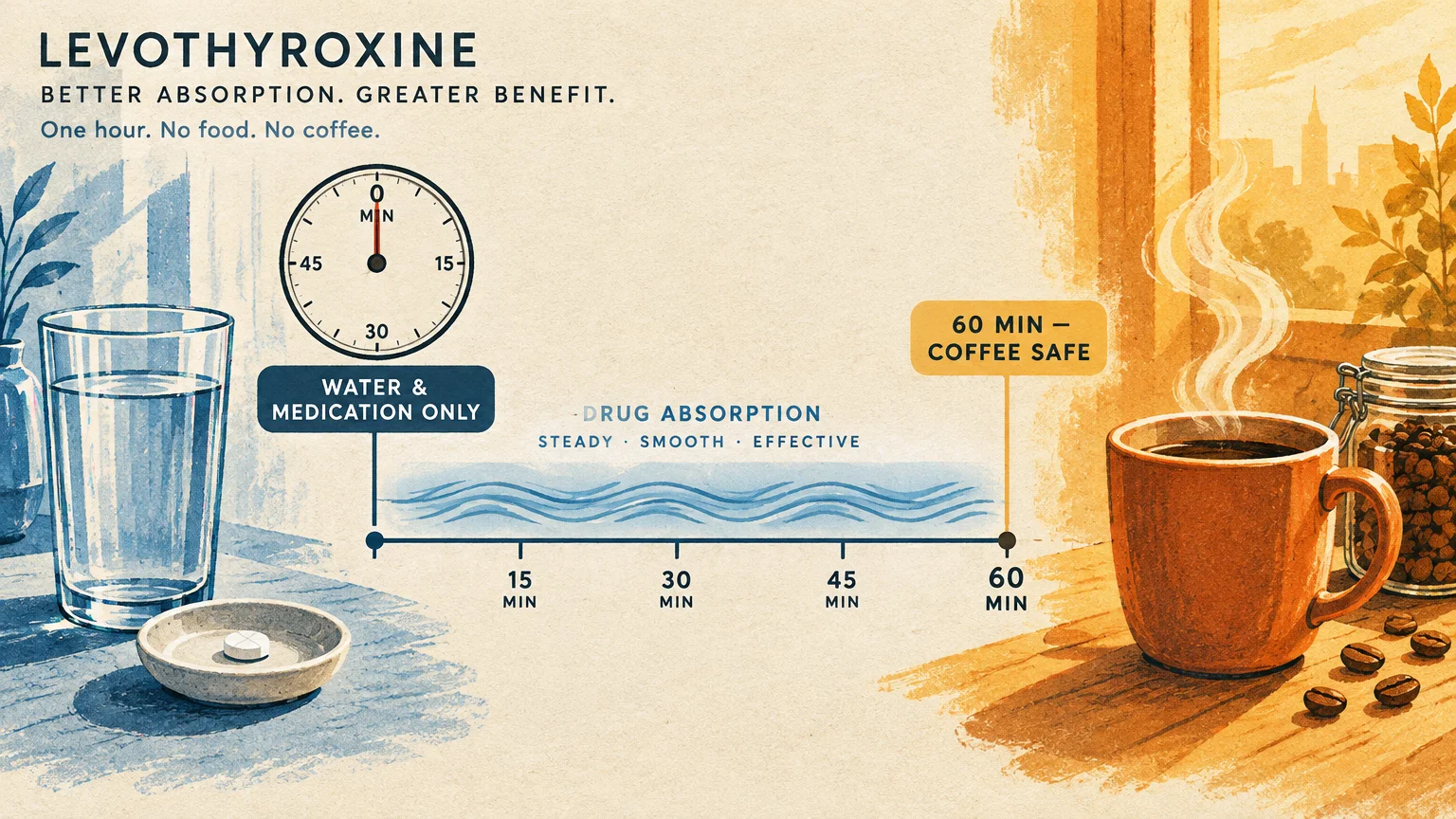 Illustration of a water glass, pill, 60-minute absorption timeline, and hot coffee mug by a sunny window.