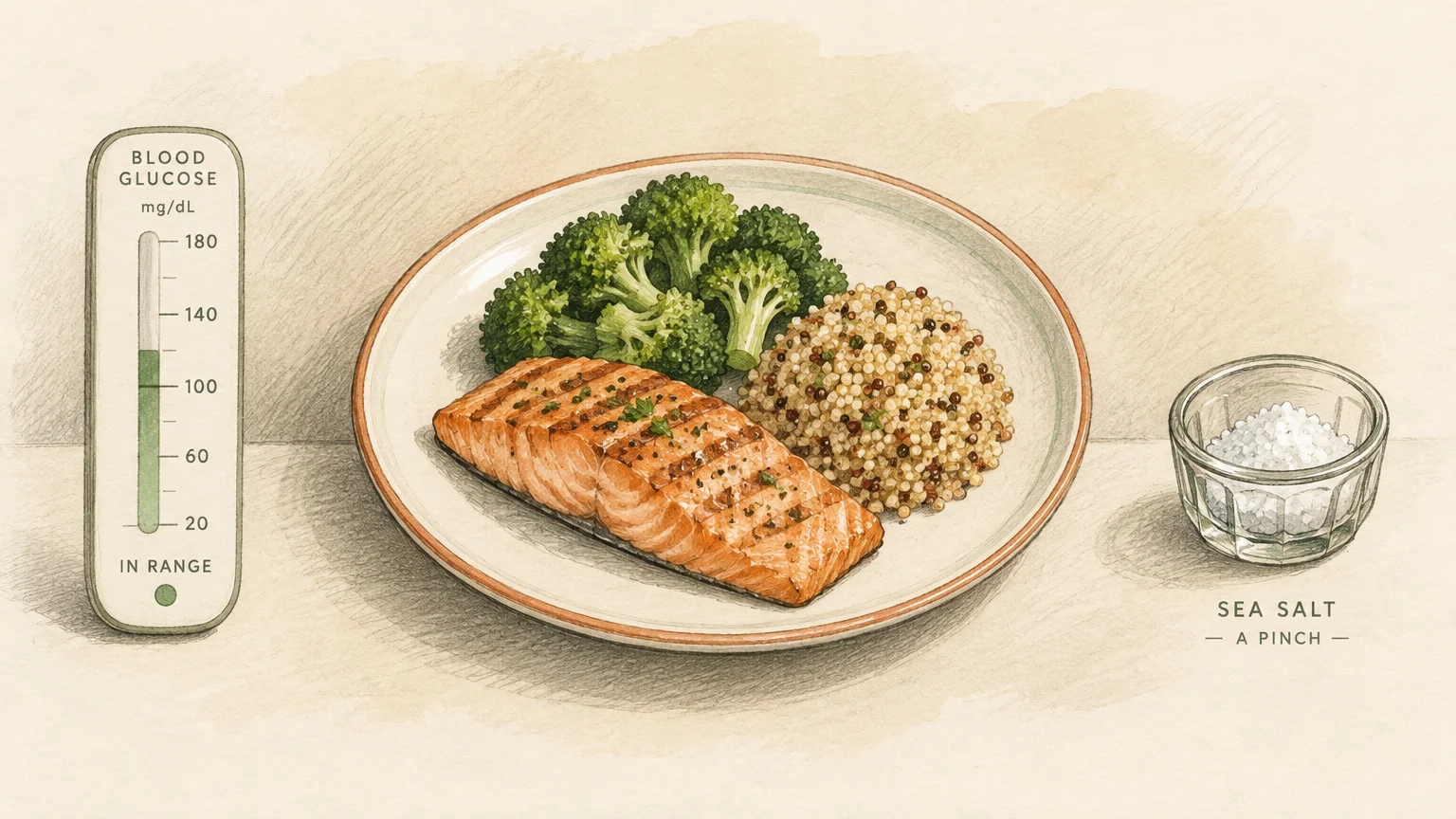 Illustration of a plate with grilled salmon, broccoli, and grains, beside a blood glucose meter and a small dish of sea salt.