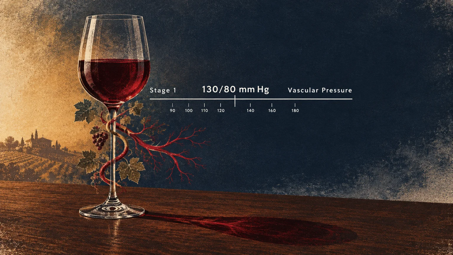 Illustration of a red wine glass with vine-like blood vessels beside a blood pressure scale marking 130/80 mm Hg.