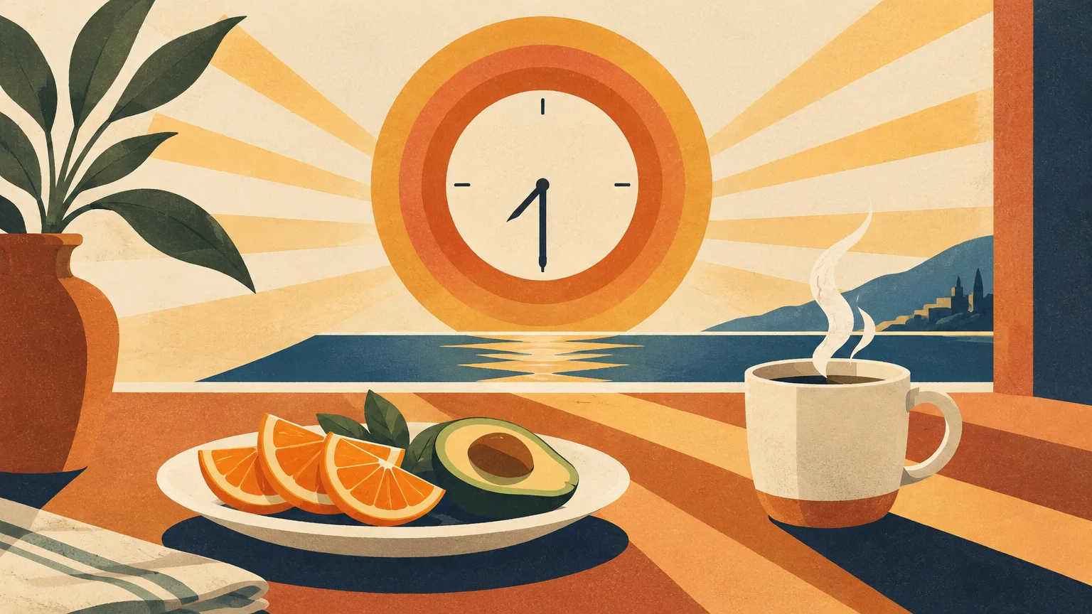 Illustration of breakfast fruit and coffee on a table before a rising sun shaped like a clock over the sea.