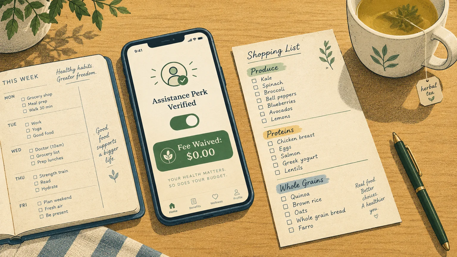 Top view of a smartphone showing a fee waiver app screen next to a shopping list, planner, and herbal tea.