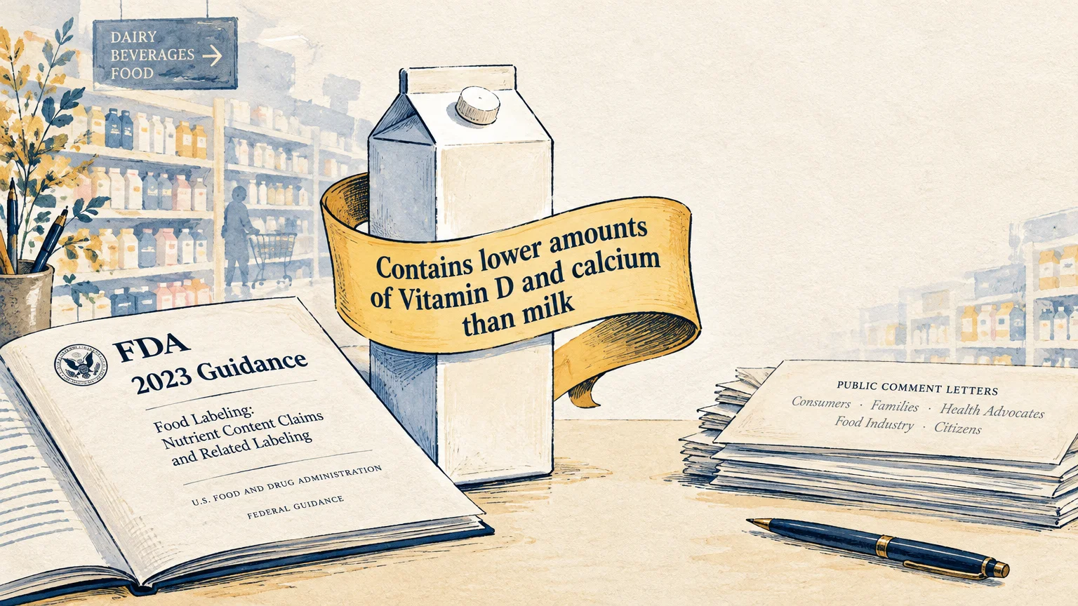 Illustration of a plant milk carton wrapped in a yellow banner beside an FDA guidance book and a stack of comment letters.