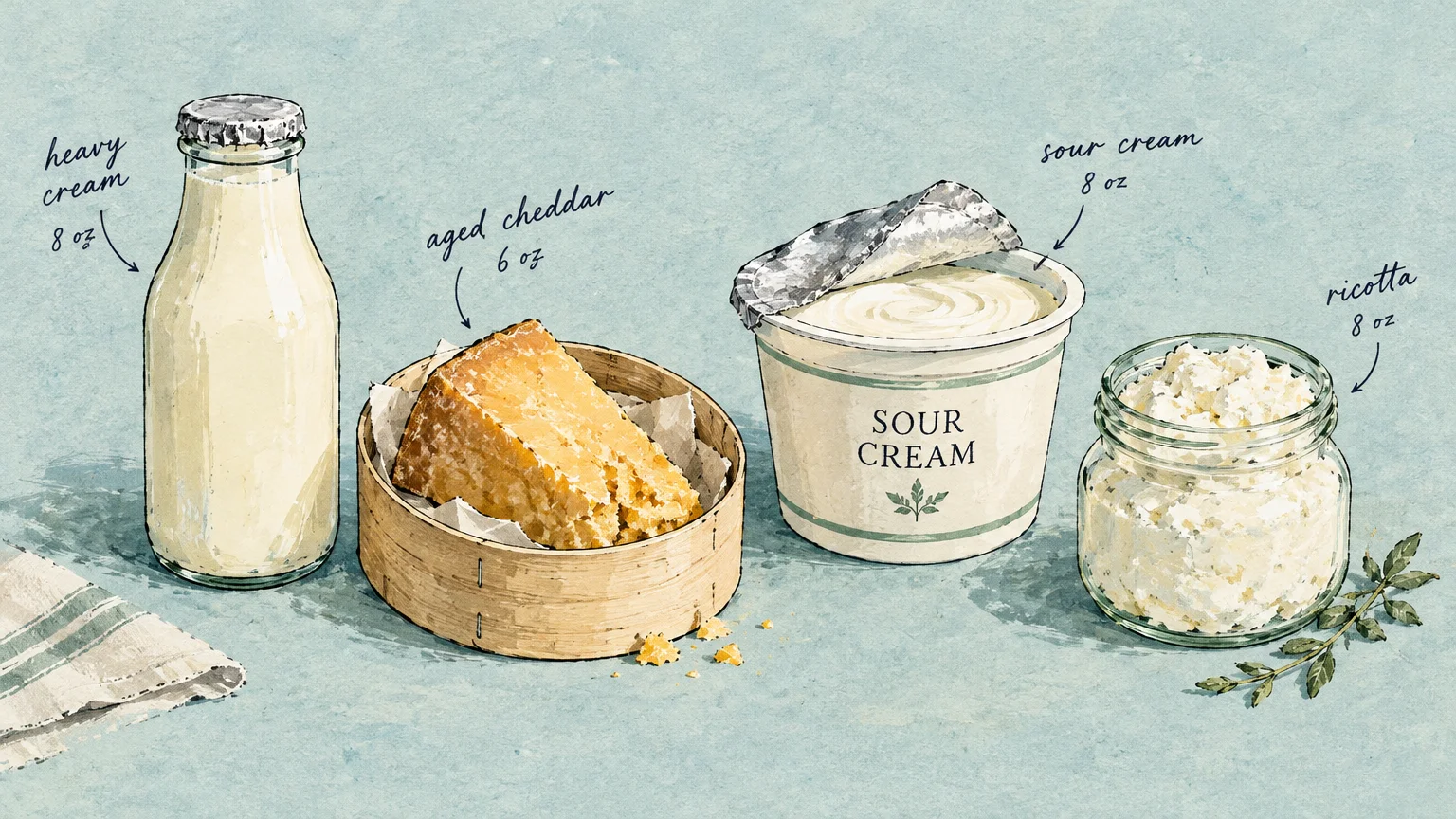 Illustration of heavy cream in a bottle, aged cheddar in a box, a tub of sour cream, and a glass jar of ricotta.