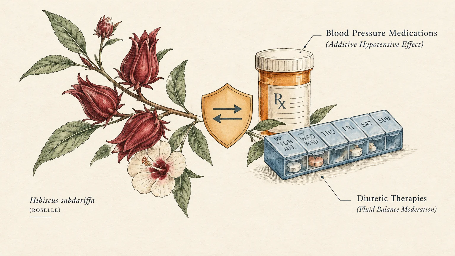 Illustration of a flowering hibiscus plant next to a prescription pill bottle and a weekly pill organizer.