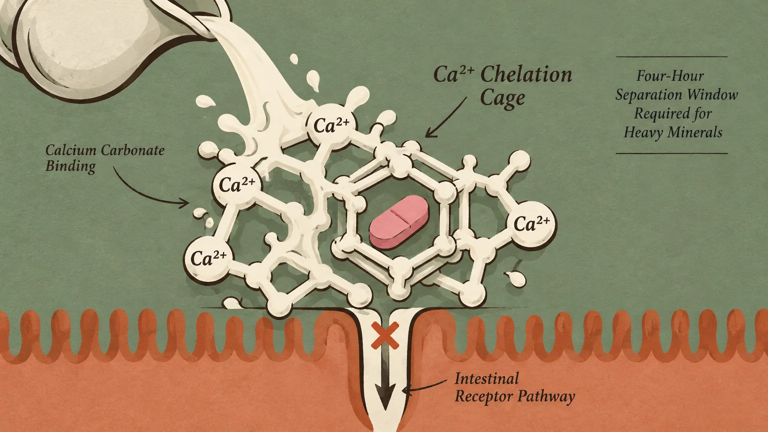 Illustration of milk pouring over a pink pill trapped inside a calcium chelation cage, blocking intestinal absorption.