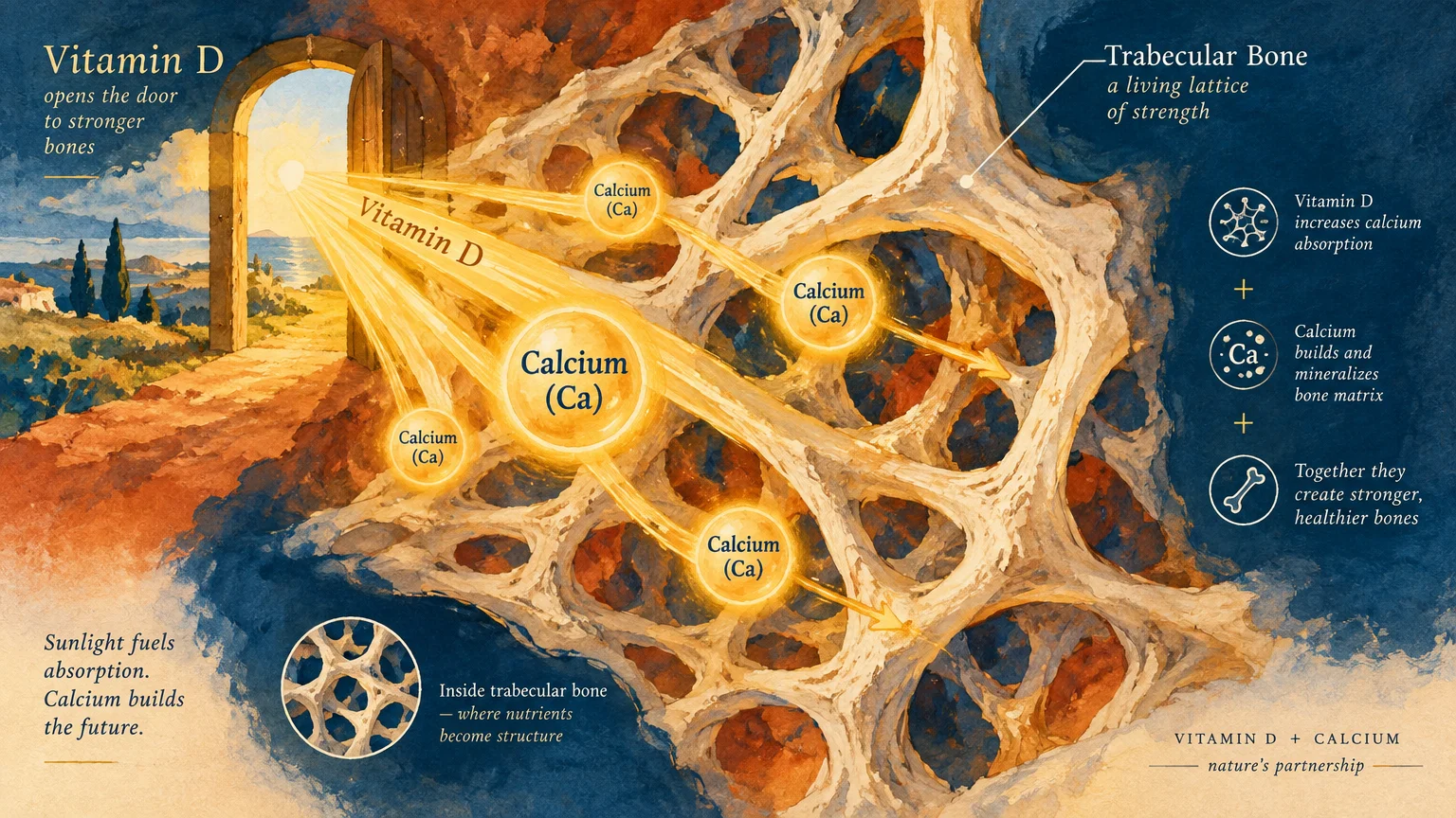 Gouache illustration of sunlight streaming through an open stone archway into a porous trabecular bone lattice.