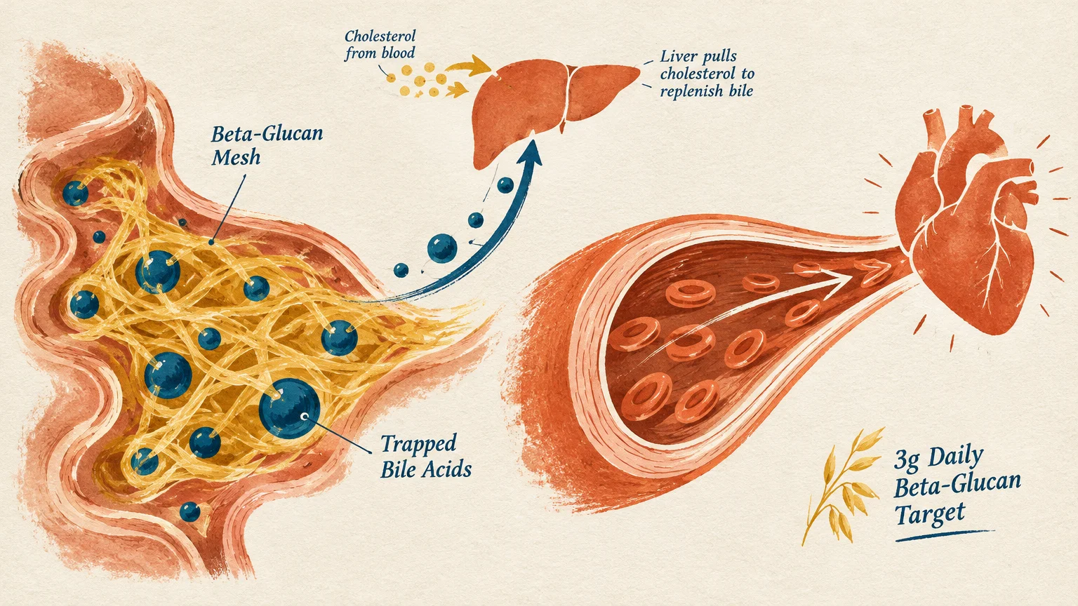 Medical diagram showing beta-glucan mesh trapping bile acids, cholesterol pulled to the liver, and blood flow to a heart.