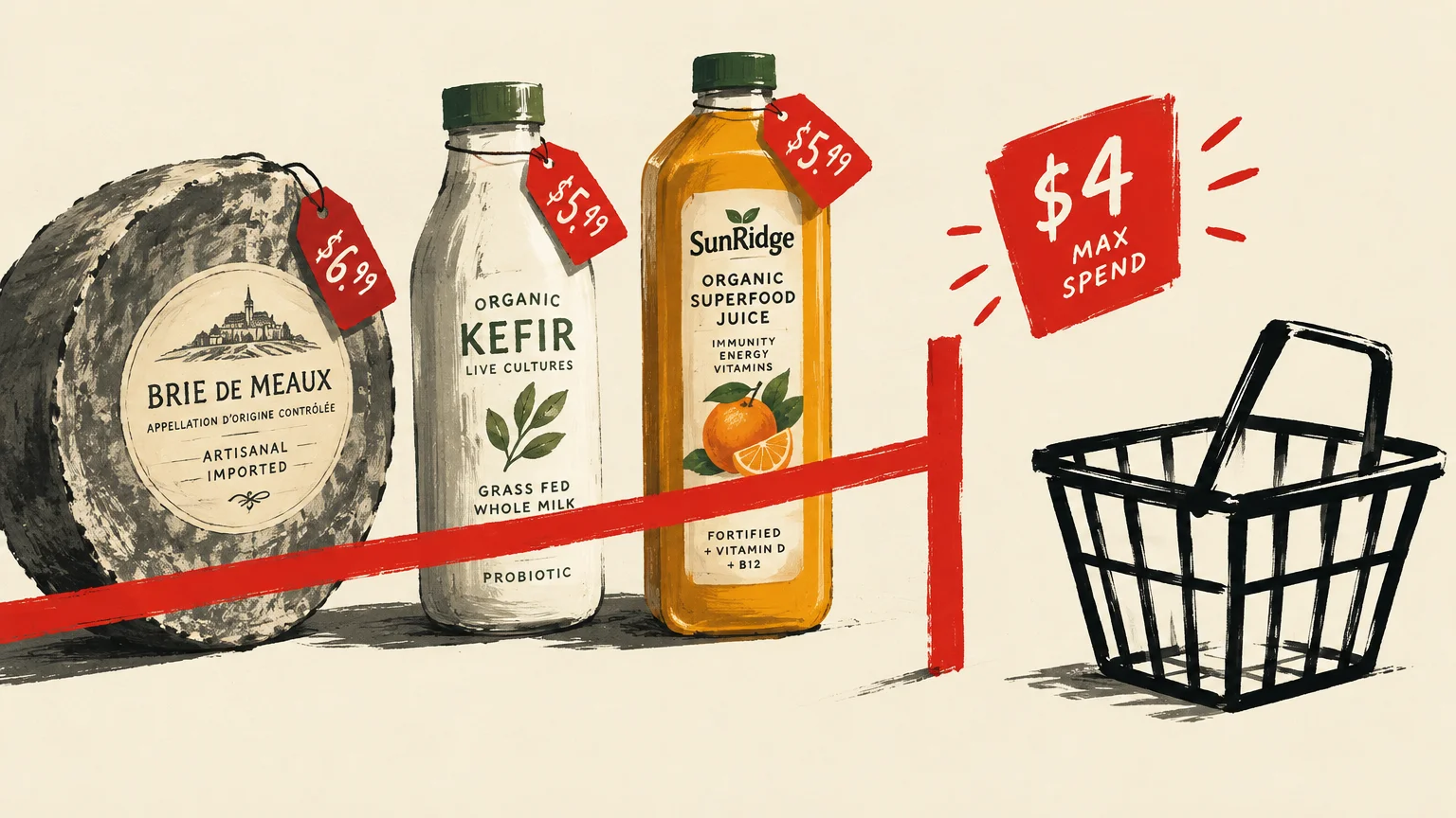 Illustration of cheese wheel, kefir, and juice with high price tags separated by a red line from an empty shopping basket.