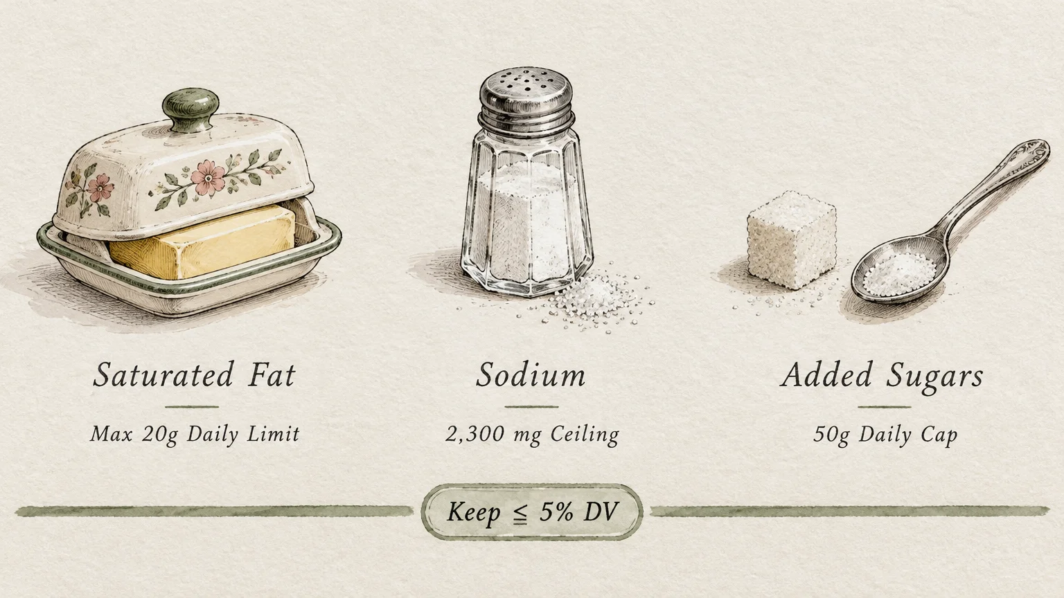 Illustrations of a butter dish, salt shaker, and sugar cube with text labels for daily nutrient limits.