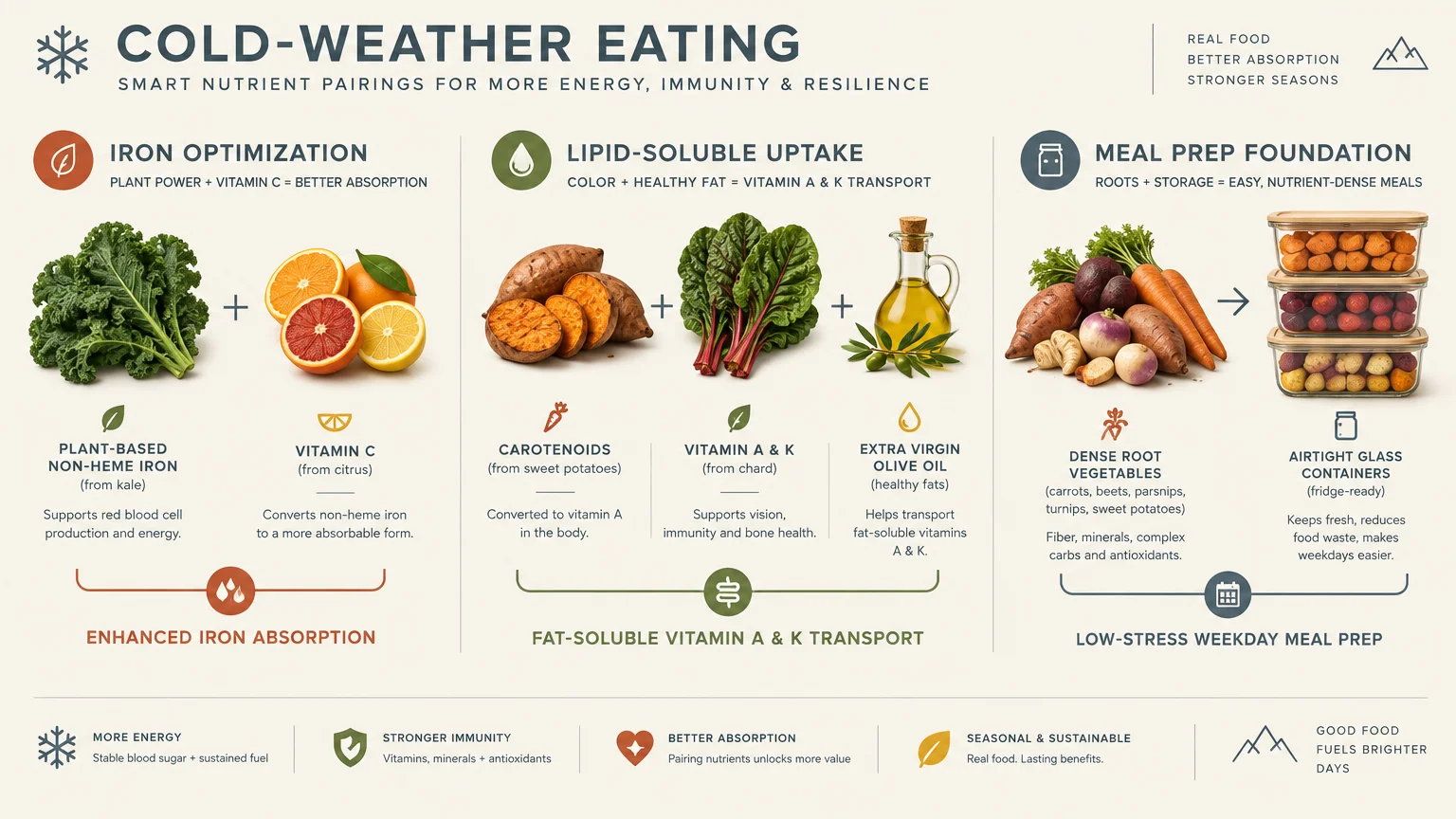 Infographic showing food pairings for iron absorption, lipid-soluble vitamin uptake, and root vegetable meal prep.