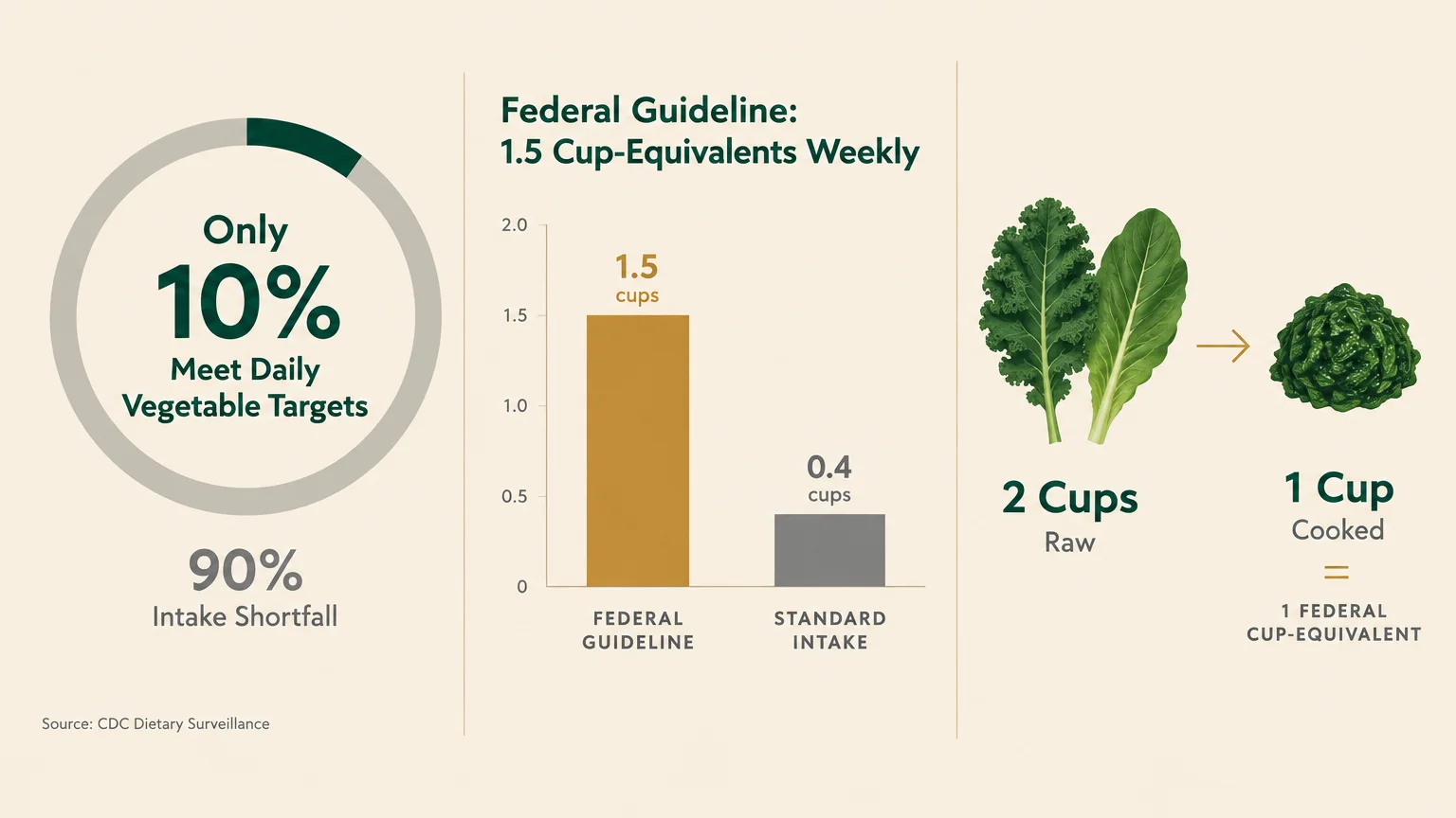 Infographic showing a 10% target completion donut chart, a bar chart of intake guidelines, and a raw-to-cooked leafy greens ratio.