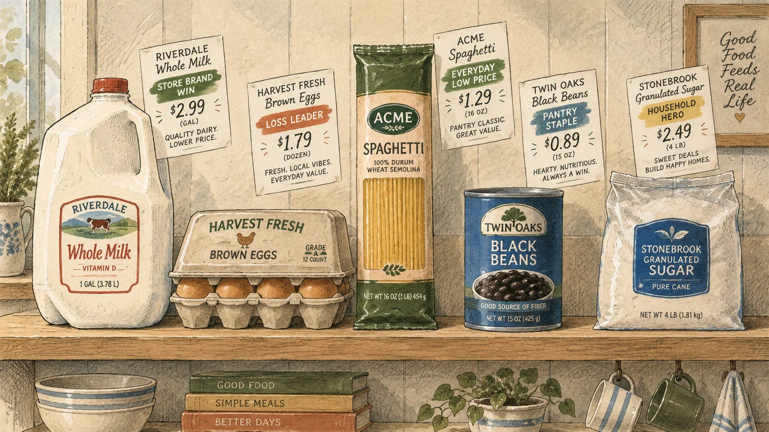Illustration of grocery staples like milk, eggs, pasta, beans, and sugar on a shelf with price tags pinned behind them.