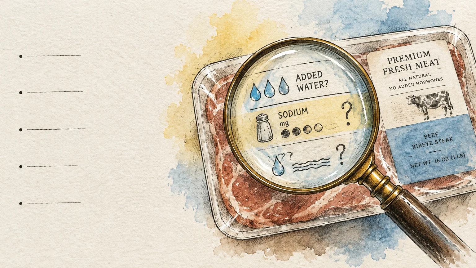 Watercolor illustration of packaged raw beef inspected under a magnifying glass showing water drops and a salt shaker.