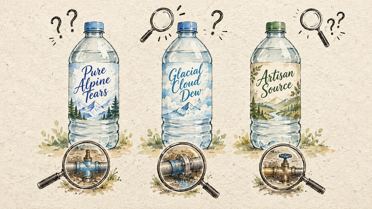 Three illustrated plastic water bottles with nature labels reveal municipal pipes under magnifying glasses beneath them.