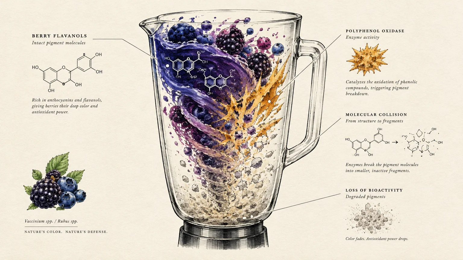 Illustration of a blender vortex breaking down purple berries and molecular structures into fragmented particles.