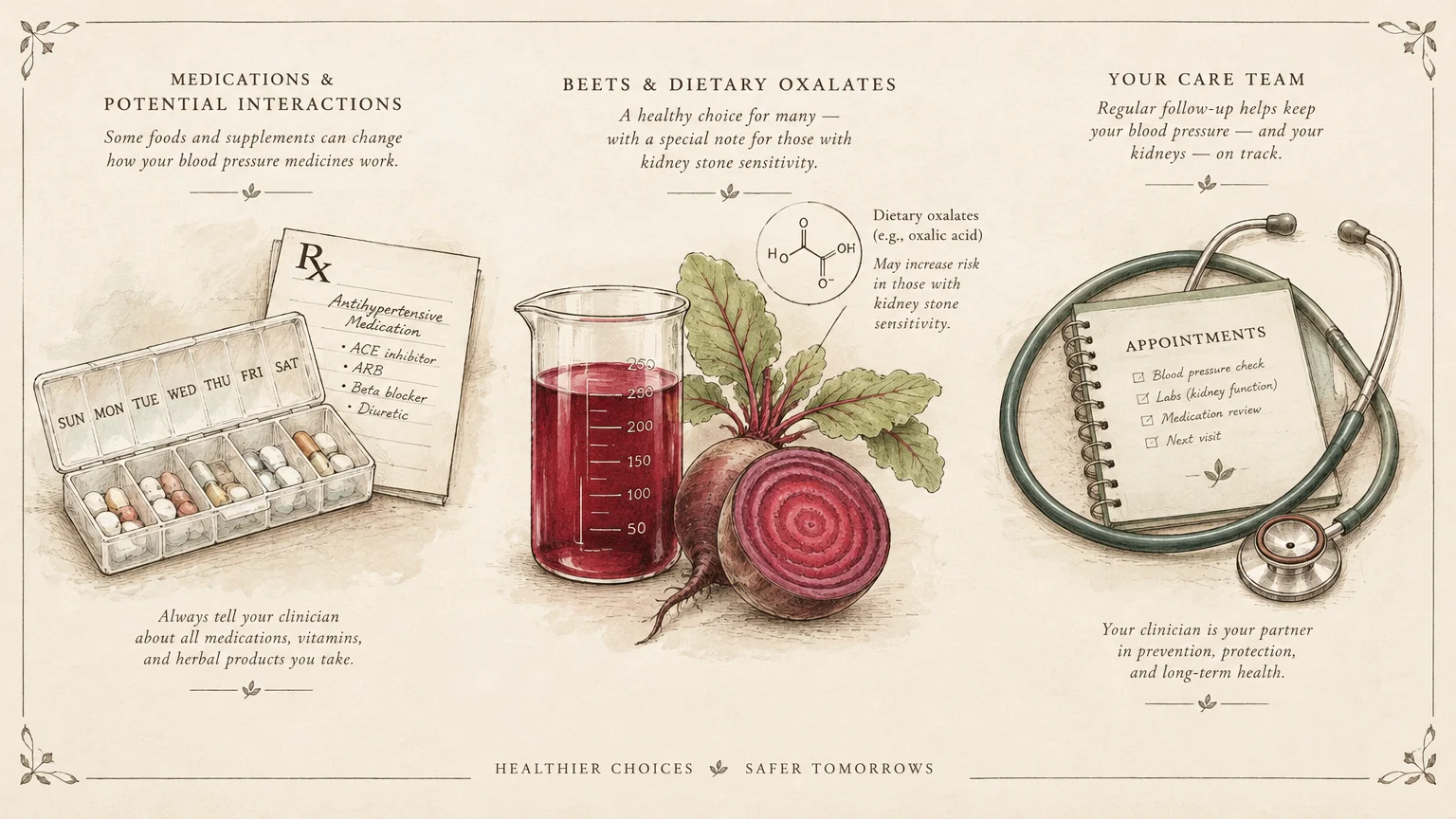 Illustration of a weekly pill organizer, beaker of beet juice, sliced beet, stethoscope, and appointment notebook.
