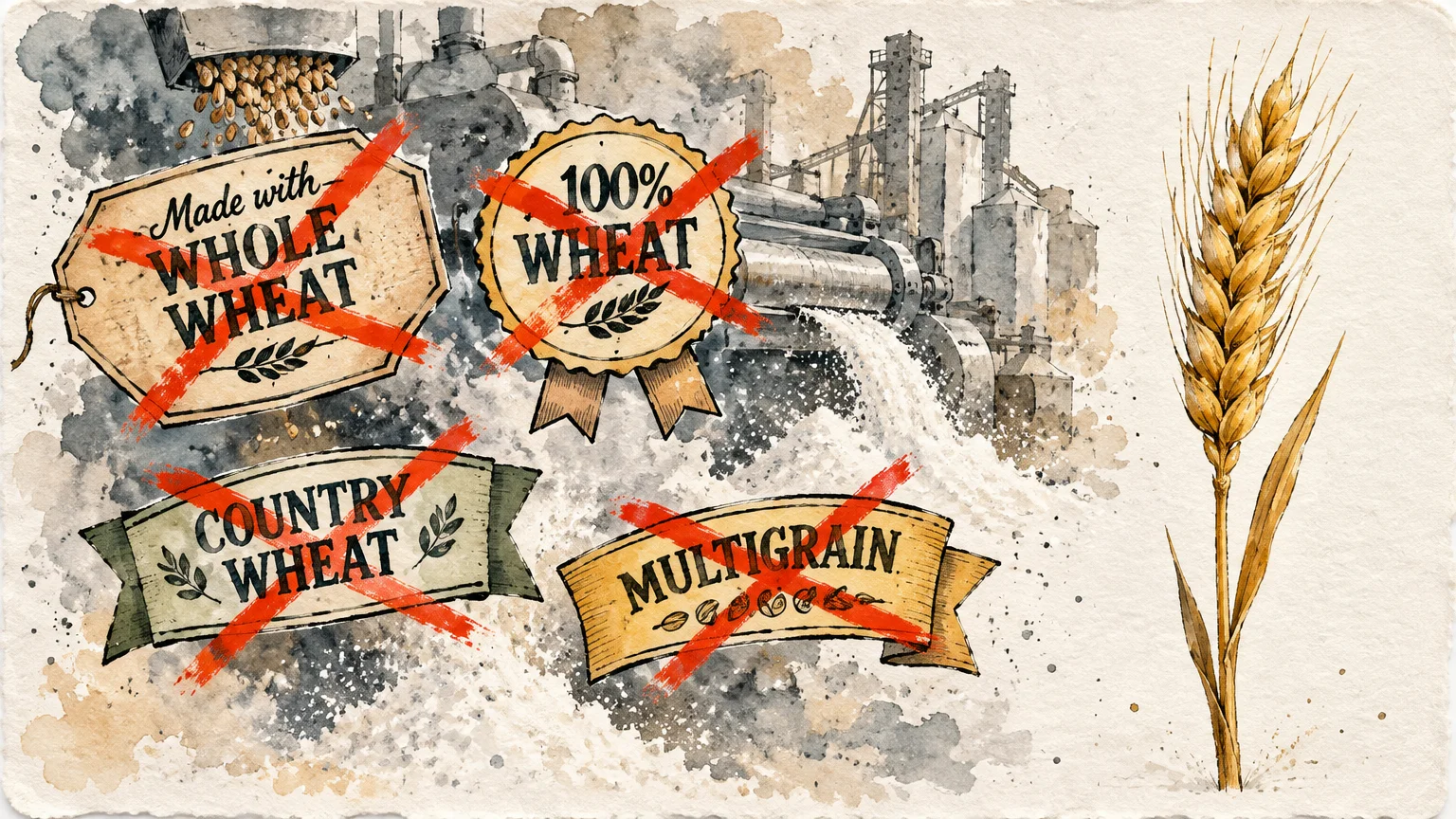 Illustration of flour milling machinery, a wheat stalk, and crossed-out labels for wheat, multigrain, and whole wheat.