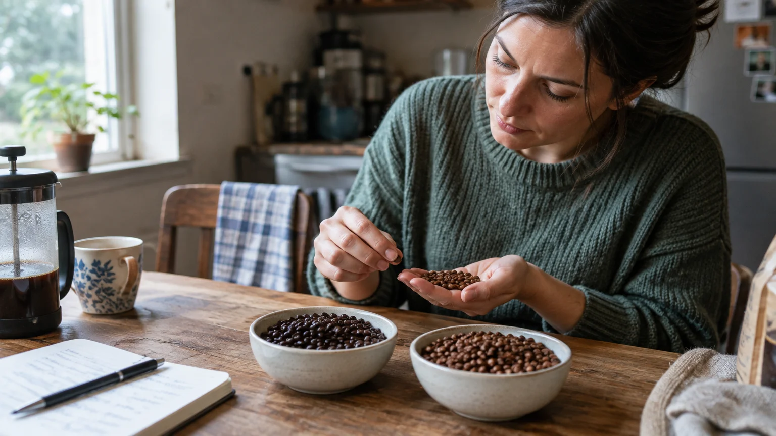 A woman inspects coffee beans in her hand at a wooden table with two bowls of roasted beans and a French press.