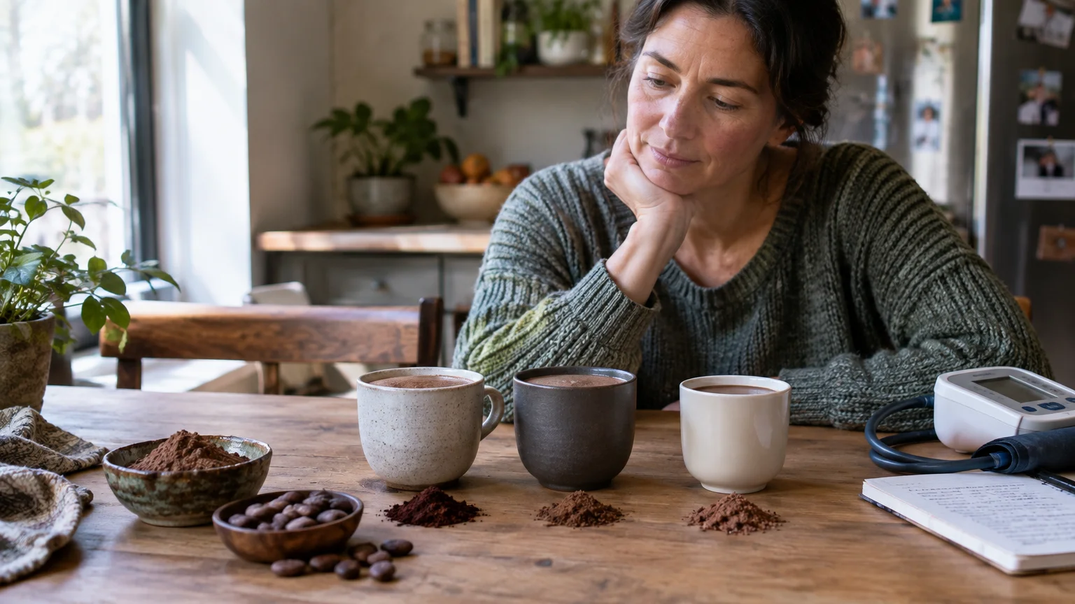 A woman sitting at a wooden table looking at three cups of cocoa, cocoa powder piles, beans, and a blood pressure monitor.