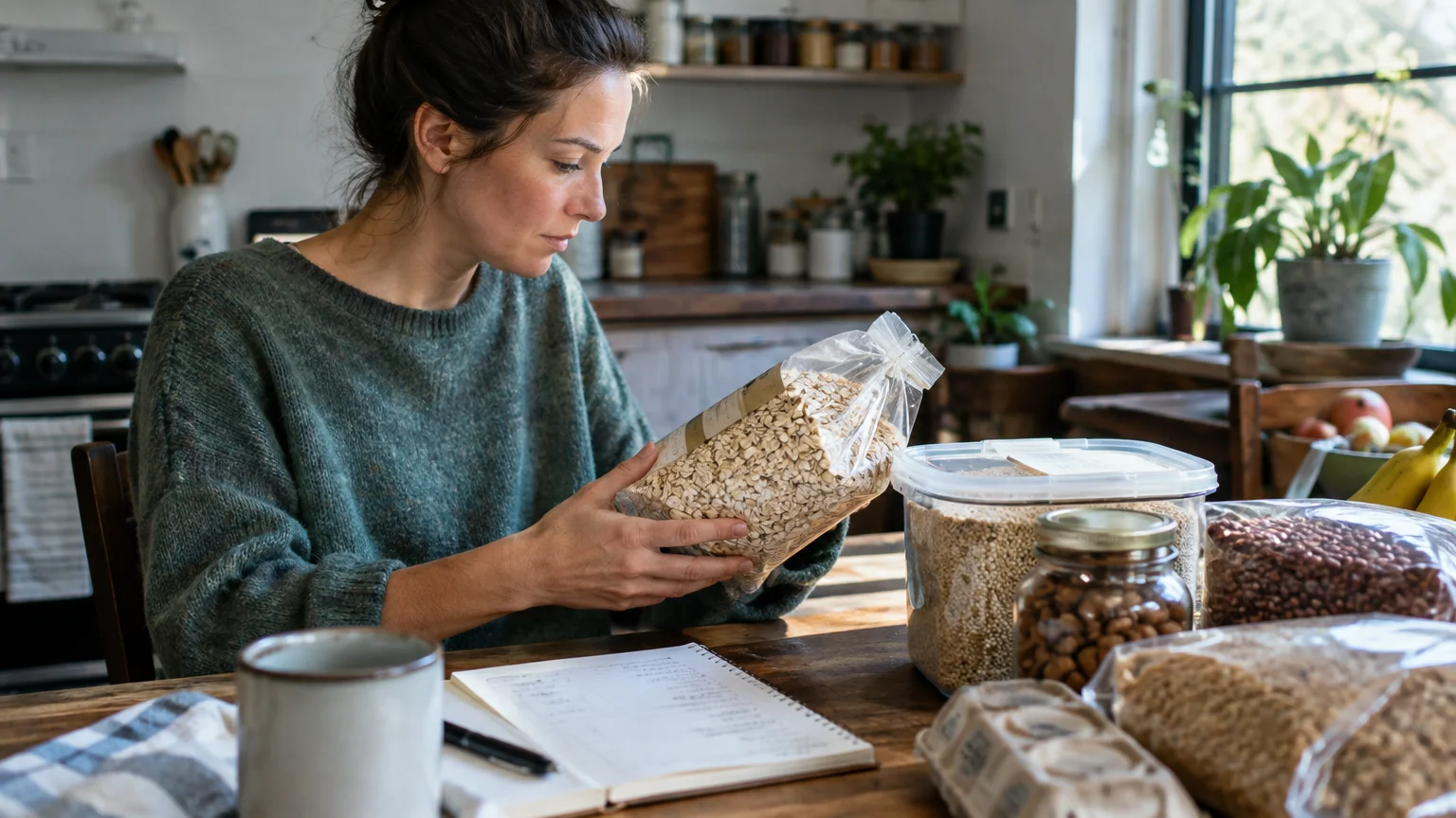 Woman seated at a wooden kitchen table inspecting a clear bag of rolled oats beside containers of dry grains.
