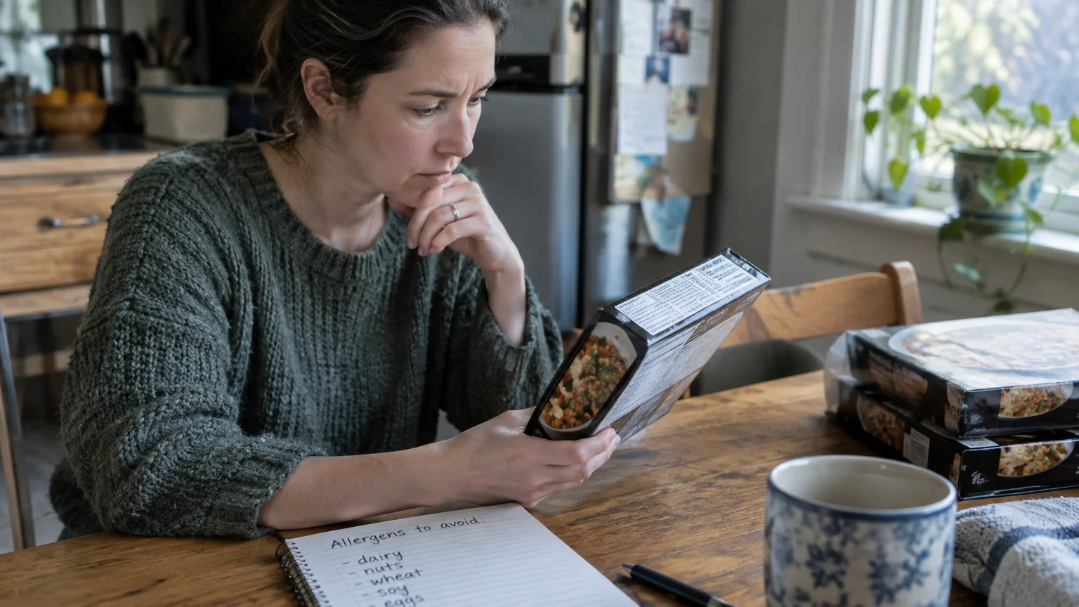 A woman sitting at a kitchen table reads the nutrition label on a frozen meal box next to an allergy checklist.