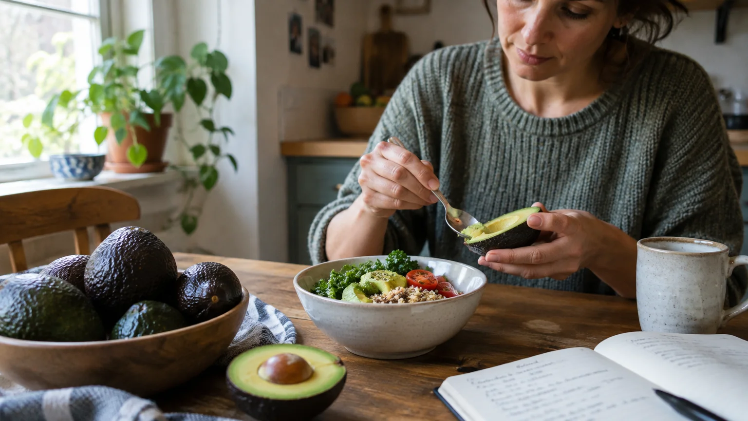 Woman scooping fresh avocado with a spoon into a salad bowl beside whole avocados and an open notebook at a wooden table.