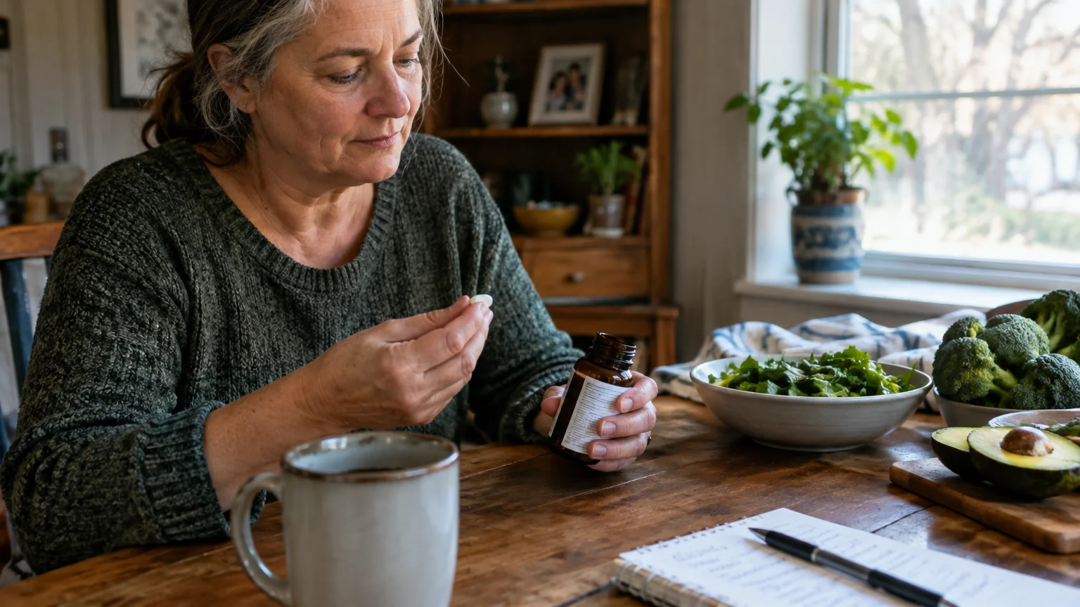 A woman sits at a wooden table holding a white pill and supplement bottle near a bowl of greens and broccoli.
