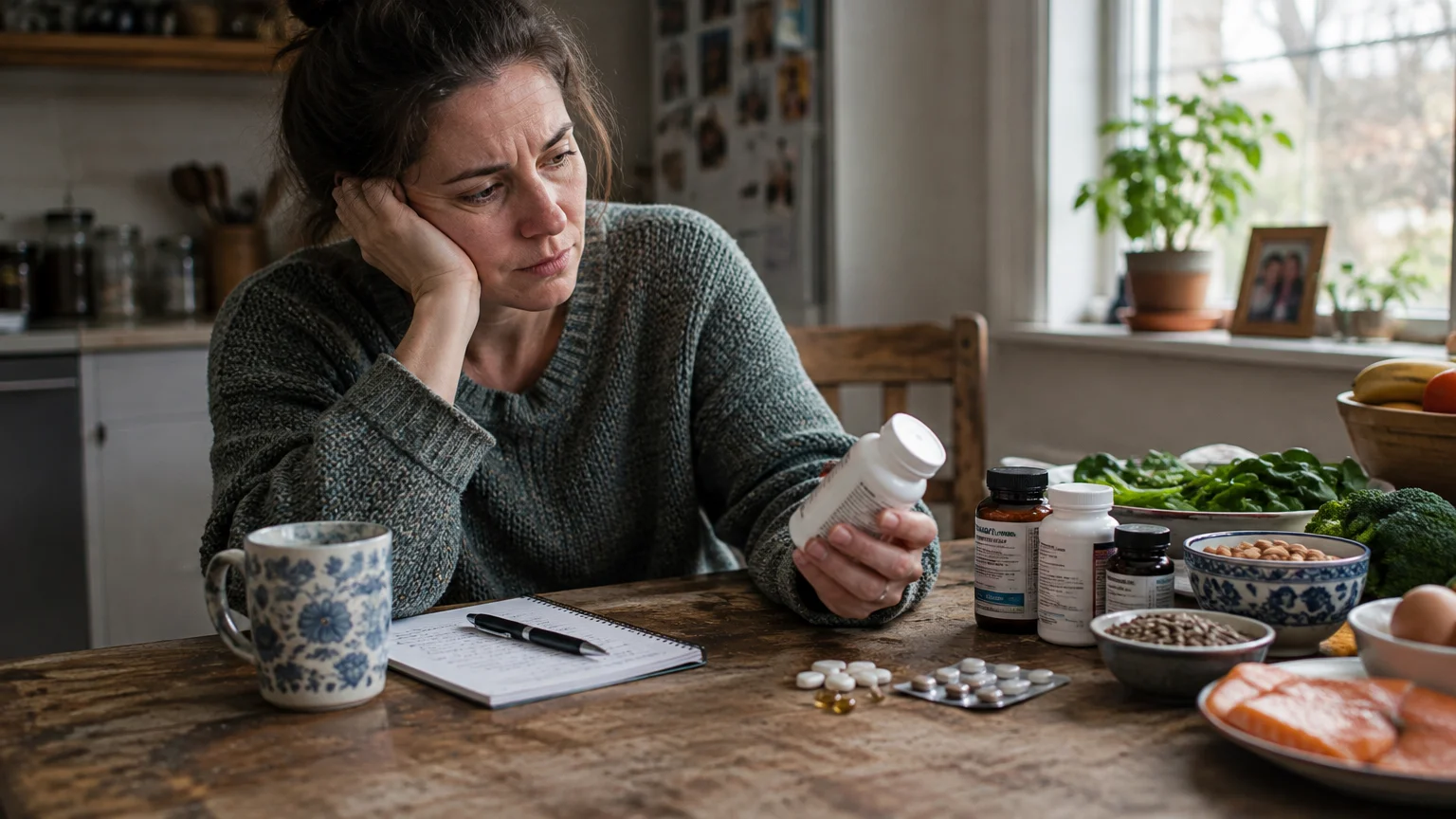 Woman sitting at a kitchen table reading a supplement bottle label beside fresh foods, pills, and a notebook.