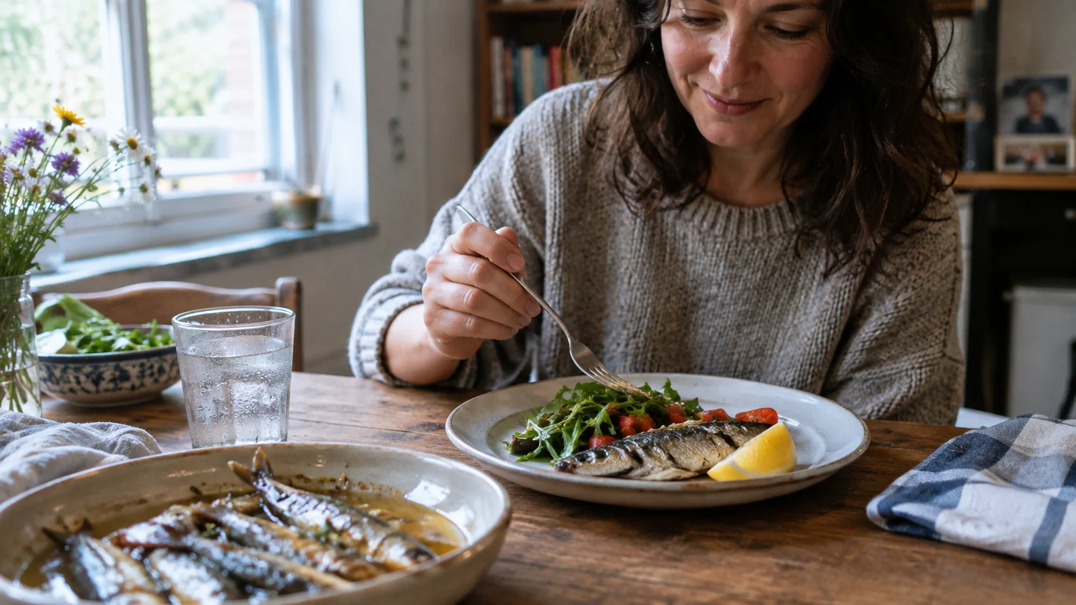 A woman at a wooden dining table eating a grilled fish served with salad and a lemon wedge.