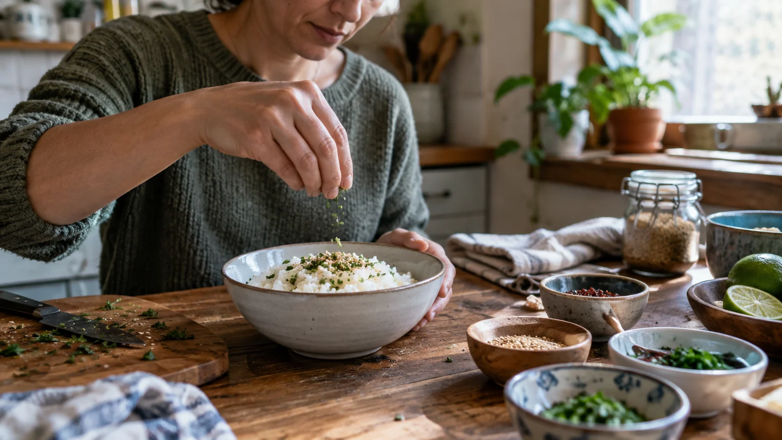 A person sprinkles chopped herbs over a bowl of white rice surrounded by small bowls of toppings on a wooden table.