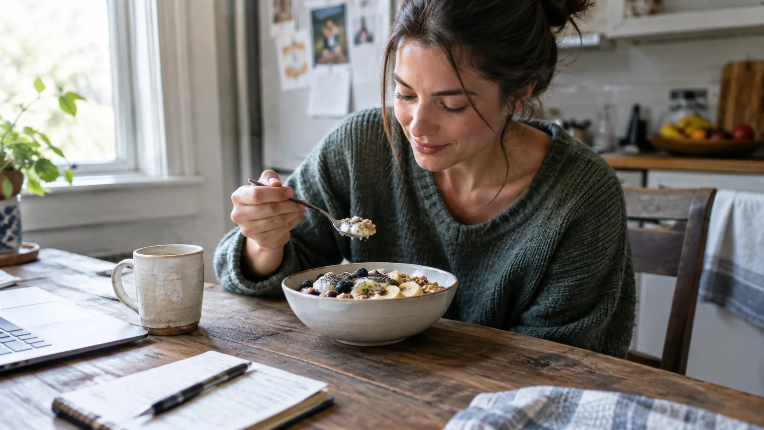 A woman eating a breakfast bowl with fruit and seeds at a wooden table beside a laptop, mug, and notebook.