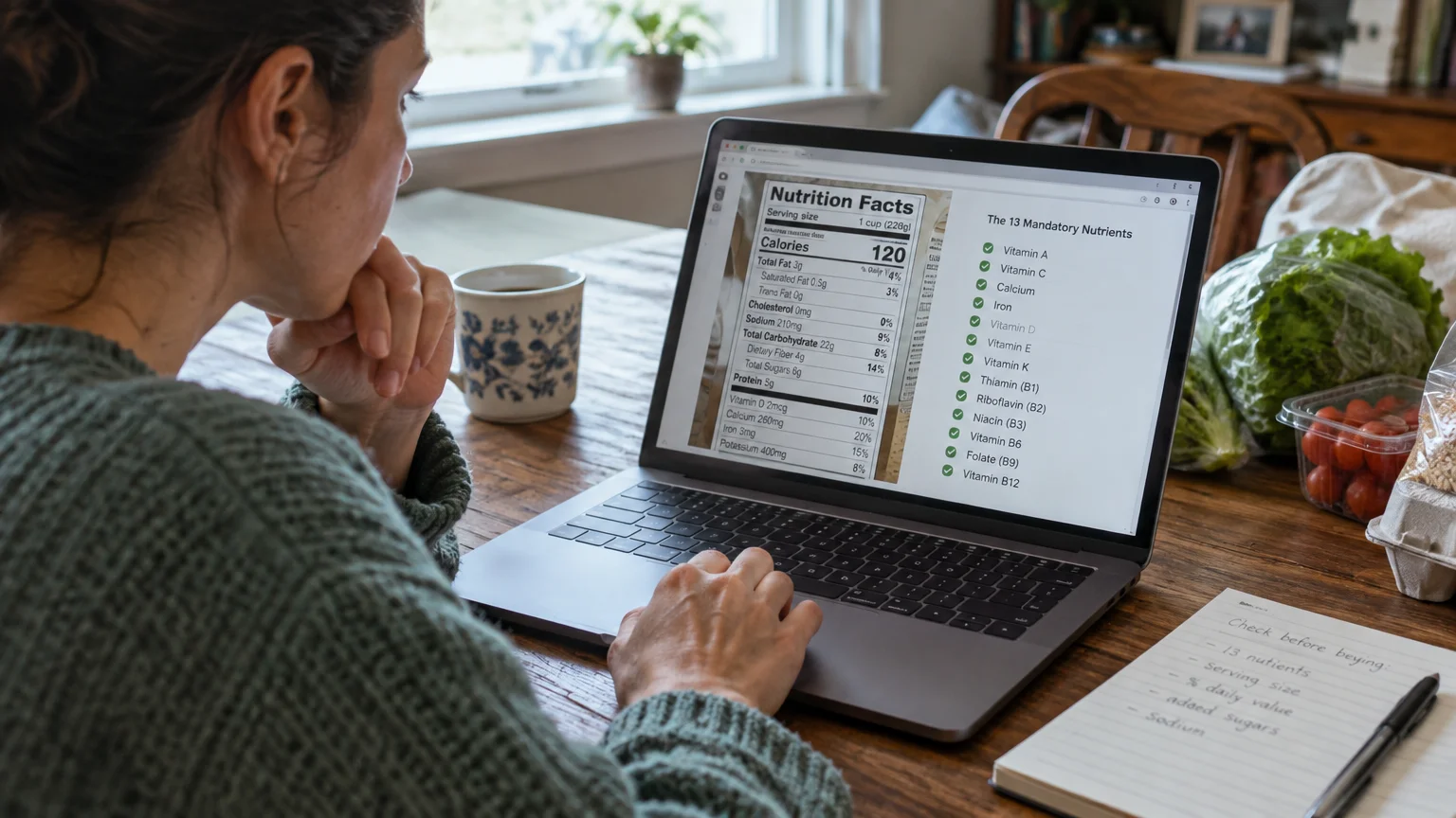 A woman looking at a laptop screen displaying a Nutrition Facts label and a checklist of nutrients on a wooden table.