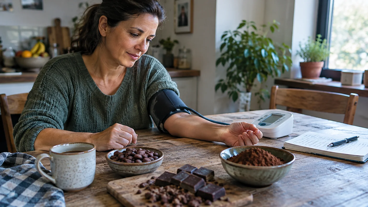 A woman sits at a wooden table taking her blood pressure beside bowls of cocoa powder, nibs, and chocolate.