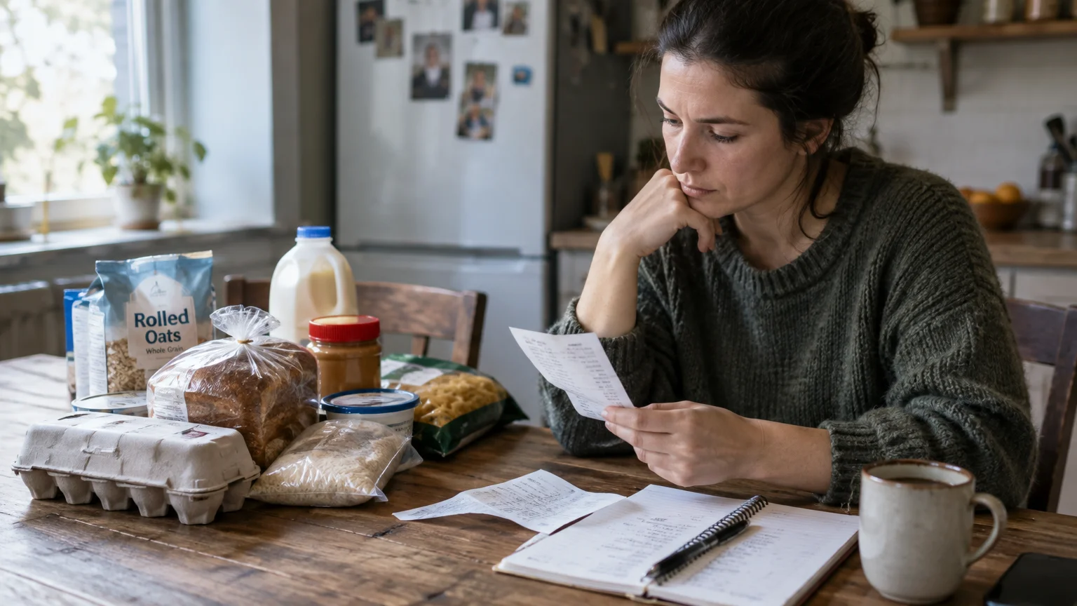 A woman sitting at a kitchen table reviews a grocery receipt beside staple food items, an open notebook, and a mug.