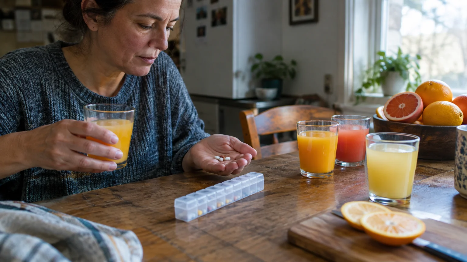 A woman holds pills and a glass of juice at a wooden table with a weekly pill organizer and assorted citrus drinks.