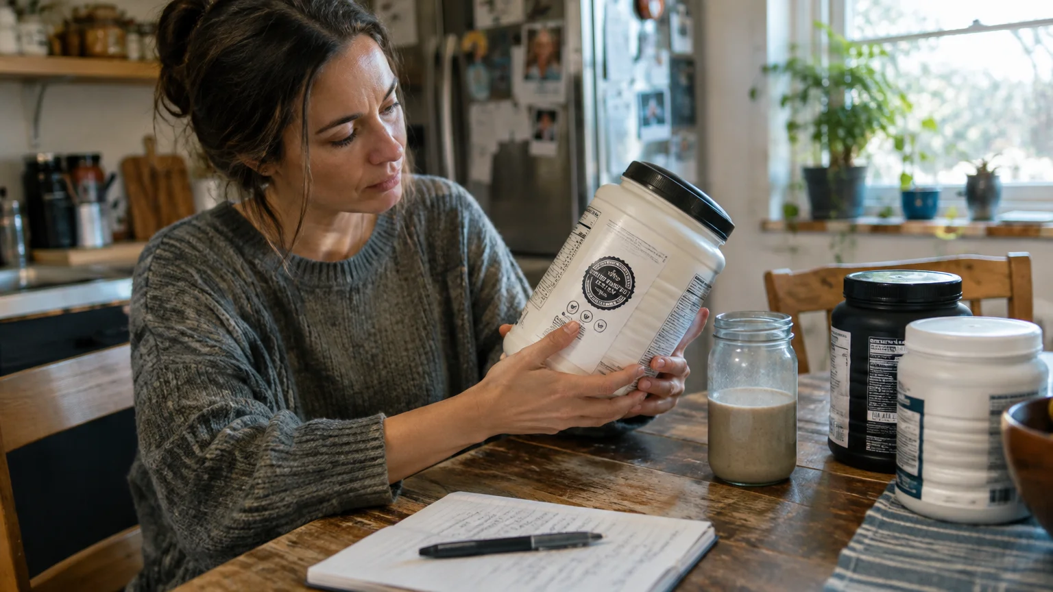 A woman sitting at a wooden kitchen table reads the label on a large white container of protein powder.