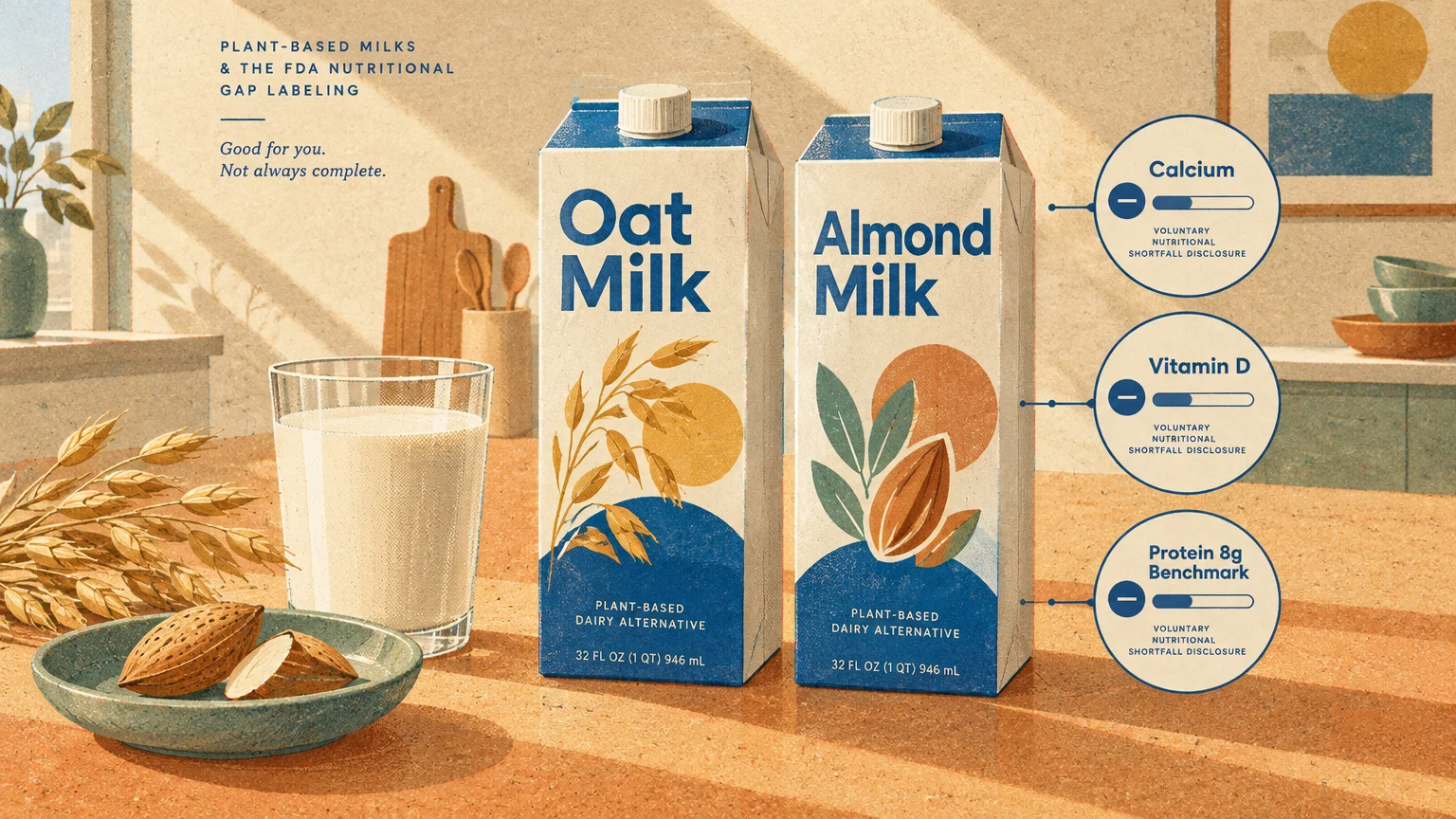 Illustration of oat milk and almond milk cartons with callout graphics showing calcium, vitamin D, and protein disclosures.
