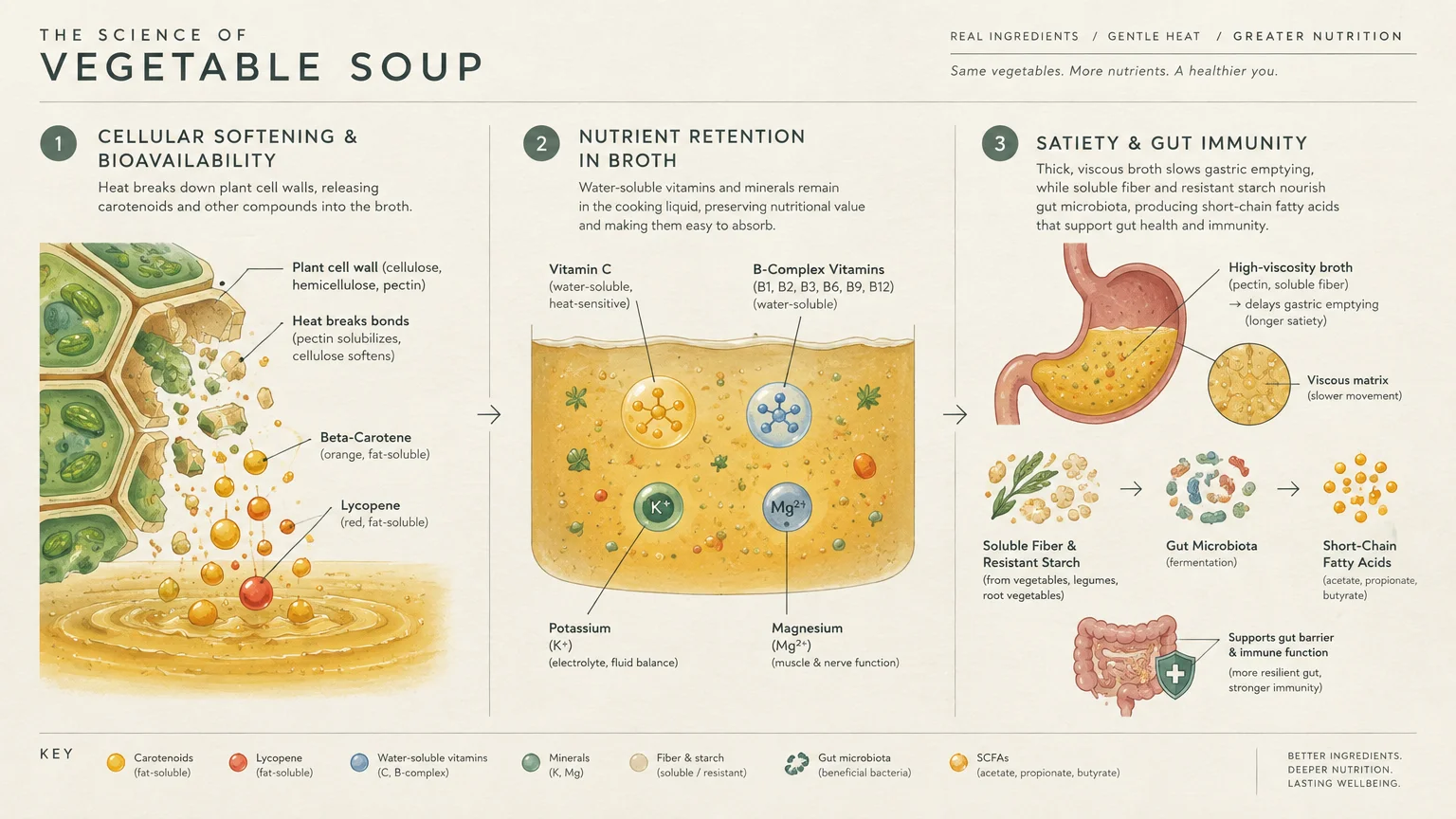 Infographic detailing three steps: cellular softening, nutrient retention in broth, and satiety and gut immunity.