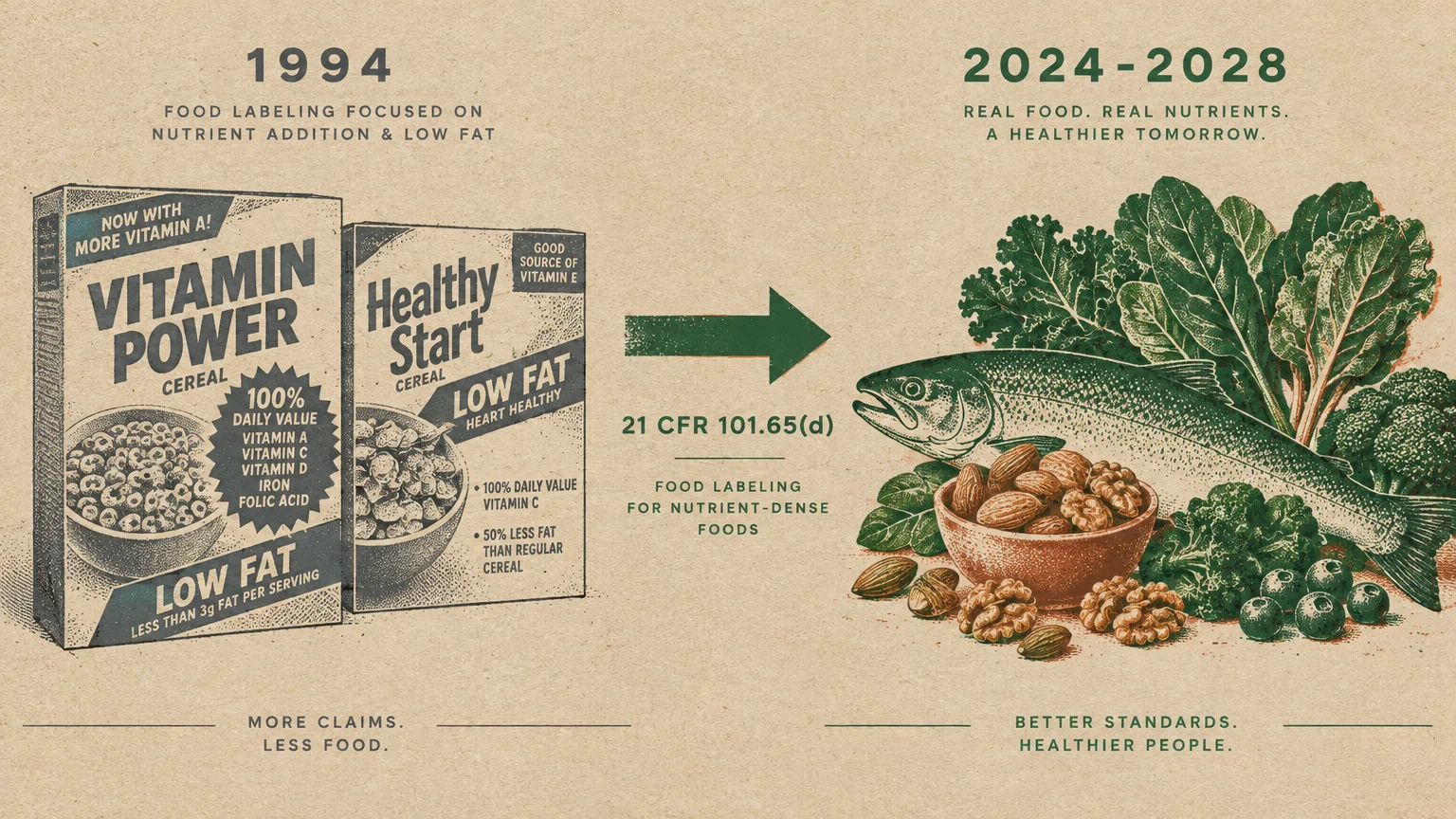 Illustration comparing 1994 fortified cereal boxes with 2024 whole foods like fish, nuts, greens, and blueberries.