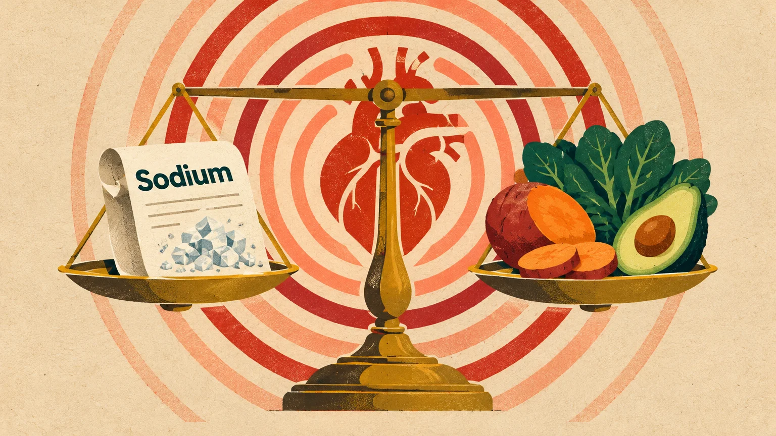 A brass scale weighing a sodium label against sweet potato, avocado, and spinach, backed by an anatomical heart.