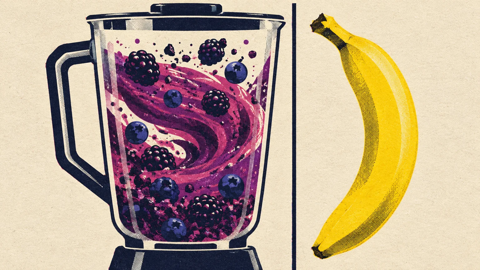 Retro illustration of a blender swirling blueberries and blackberries, separated by a line from a yellow banana.