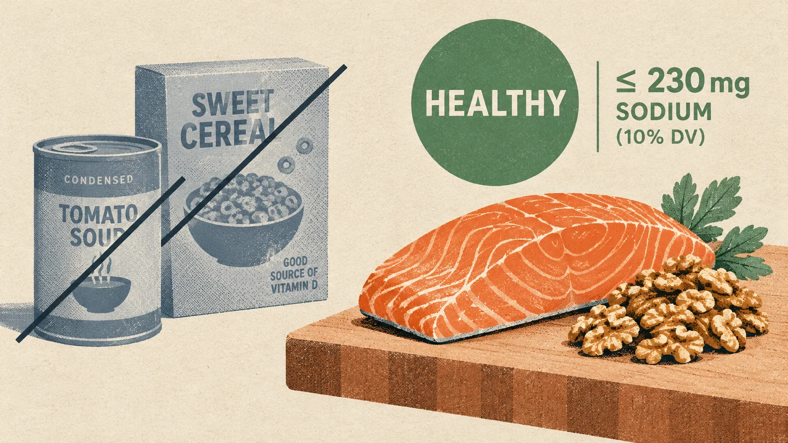 Canned soup and cereal crossed out beside fresh salmon, walnuts, and a green healthy emblem with sodium limits.
