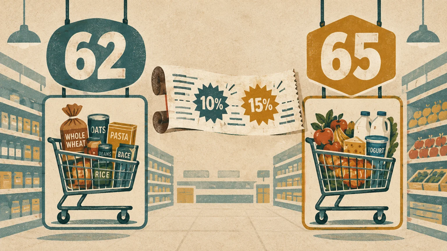 Illustration of grocery aisles with carts below signs marked 62 and 65, featuring 10% and 15% discount badges.
