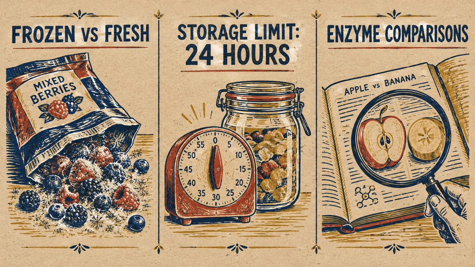 Three panels showing frozen mixed berries, a jar with a timer marked 24 hours, and a magnifying glass over an apple and banana.