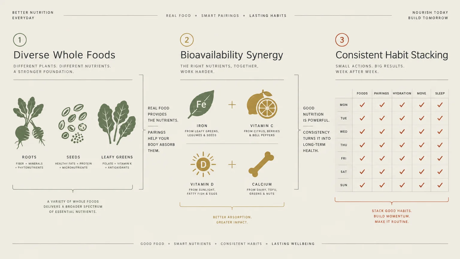 Diagram outlining three nutrition pillars: diverse whole foods, bioavailability synergy pairings, and a weekly habit tracker.
