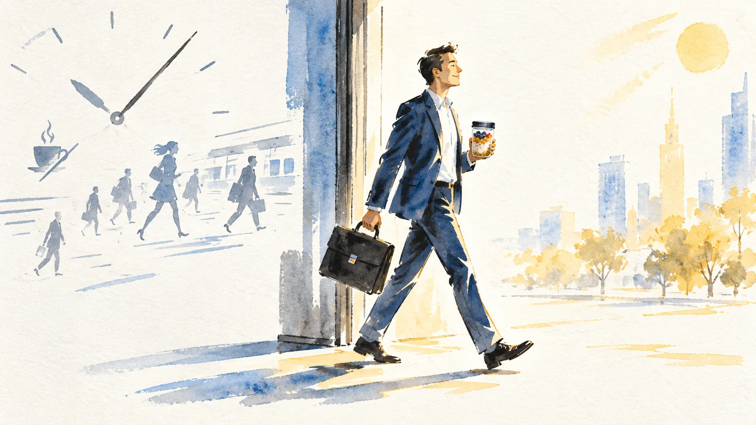 Watercolor illustration of a businessman walking with a briefcase and a breakfast parfait jar toward a sunny city.