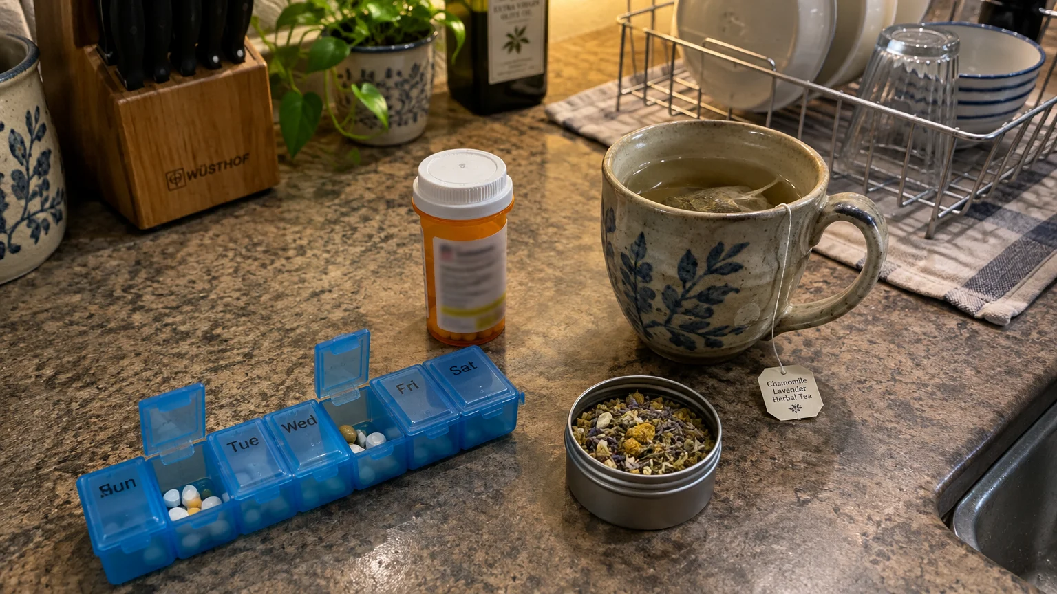 Pill organizer, prescription bottle, tin of loose herbs, and a mug of tea steeping on a kitchen counter.