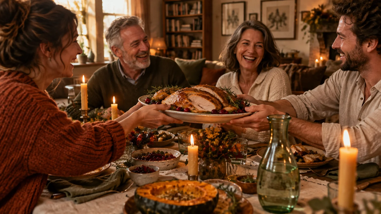 Family smiling around a candlelit dinner table as a carved roast turkey platter is passed across the feast.